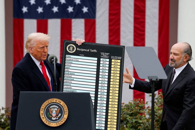 Le président américain, Donald Trump, aux côtés du secrétaire au Commerce, Howard Lutnick, lors de la présentation des nouveaux droits de douane, le 2 avril à la Maison Blanche.