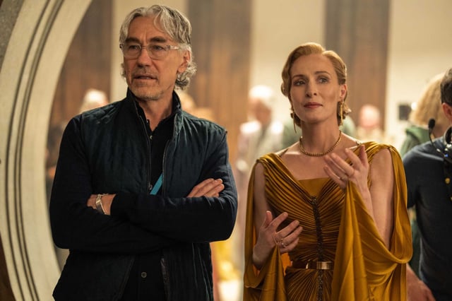 Creator Tony Gilroy, left, and Genevieve O’Reilly on the set of Lucasfilm’s “Andor” Season 2, exclusively on Disney+.