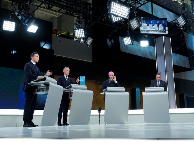 Conservative Leader Pierre Poilievre, Liberal Leader Mark Carney, New Democratic Party Leader Jagmeet Singh and Bloc Quebecois Leader Yves-Francois Blanchet participate in the English-language federal leaders' debate in Montreal, Thursday, April 17, 2025. Adrian Wyld/Pool via REUTERS