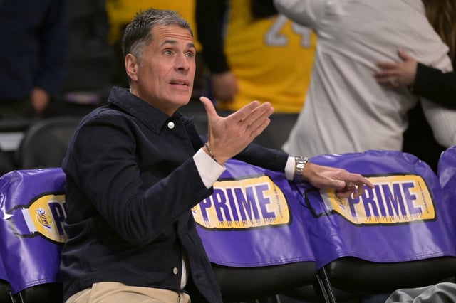 Nov 21, 2024; Los Angeles, California, USA;  Los Angeles Lakers general manager Rob Pelinka looks on as players warm up prior to the game against the Orlando Magic at Crypto.com Arena. Mandatory Credit: Jayne Kamin-Oncea-Imagn Images/File Photo