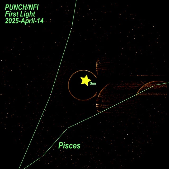 The April 14 first light image from PUNCH's NFI coronagraph shows the bright corona around a blocked-out Sun, centered against the stars of Pisces. The crescents at right are image artifacts that will not appear once the instrument is calibrated. Credit: NASA/SwRI/NRL