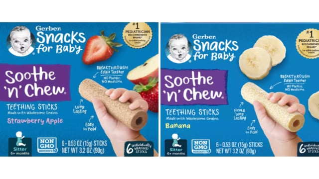 Gerber's Baby soothe ‘n’ chew Teething Sticks Strawberry Apple and Banana flavors have been recalled.