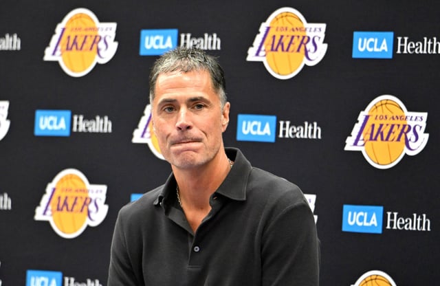 Lakers general manager Rob Pelinka listens to a reporter’s question during a preseason press conference on Wednesday at the UCLA Health Training Center in El Segundo. (Photo by Keith Birmingham, Orange County Register/SCNG)