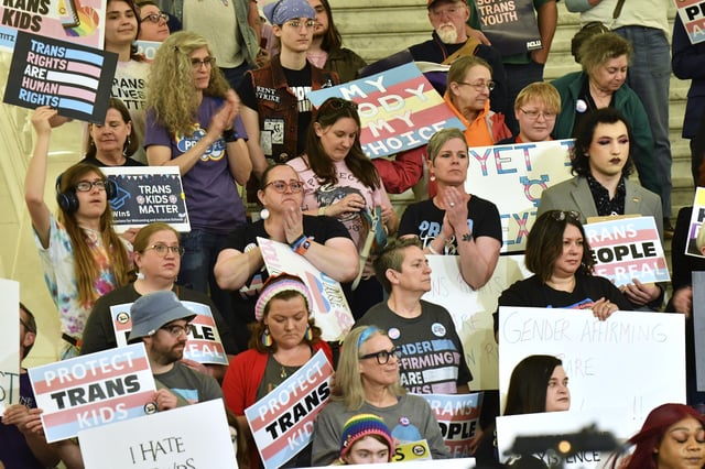 Demonstrators on Transgender Day of Visibility rally at the Pennsylvania Capitol, Monday, March 31, 2025, in Harrisburg, Pa. (AP Photo/Marc Levy)