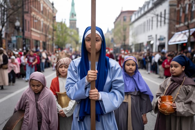 Sofia Lemus, 13, carries a sign on 18th Street during the annual Good Friday Via Crucis procession in Chicago’s Pilsen neighborhood on April 18, 2025. (E. Jason Wambsgans/Chicago Tribune)