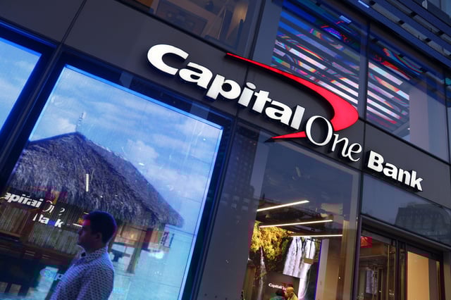 Signage is seen outside a Capital One Bank in Manhattan, New York, U.S., November 12, 2021.