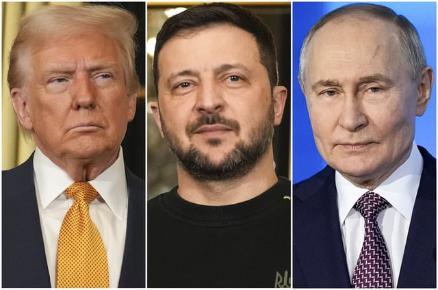 In this combination of file photos, President Donald Trump, left, and Ukraine&#39;s President Volodymyr Zelenskyy, center, are seen at the Elysee Palace, Dec. 7, 2024 in Paris, and President Vladimir Putin, right, addresses a Technology Forum in Moscow, Russia, Feb. 21, 2025.