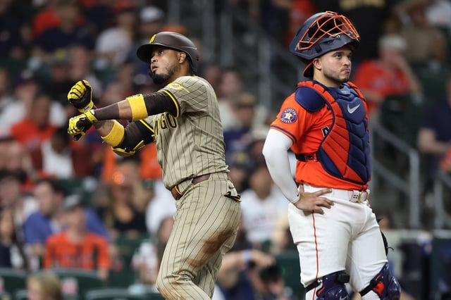 HOUSTON, TEXAS – APRIL 18: Luis Arraez #4 of the San Diego Padres reacts to a two run home run during the seventh inning against the Houston Astros at Daikin Park on April 18, 2025 in Houston, Texas. (Photo by Alex Slitz/Getty Images)
