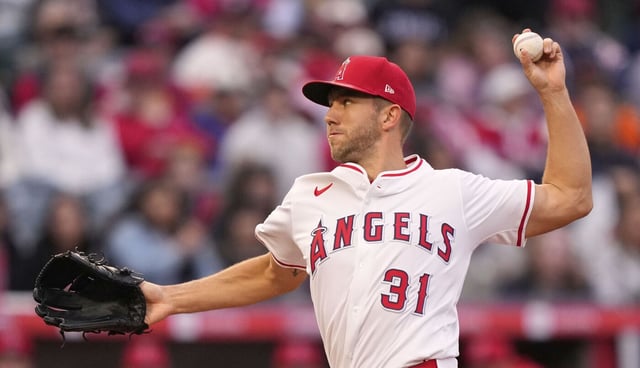 Angels starting pitcher Tyler Anderson throws to the plate during the first inning of their game against the San Francisco Giants on Friday night at Angel Stadium. (AP Photo/Mark J. Terrill)