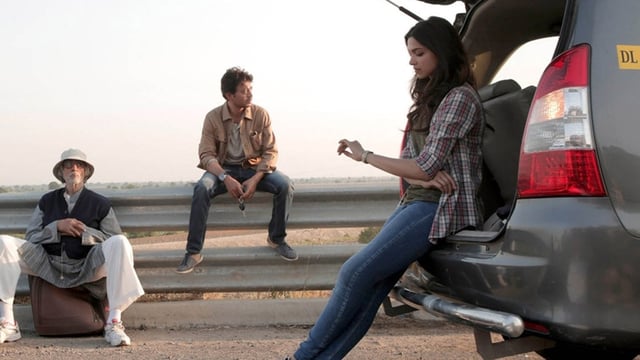 Amitabh Bachchan, Irrfan Khan and Deepika Padukone in a still from the 2015 film Piku. 