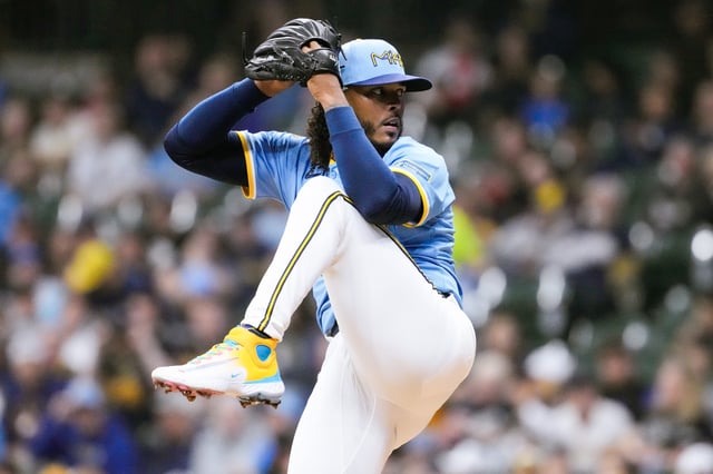 Apr 18, 2025; Milwaukee, Wisconsin, USA;  Milwaukee Brewers pitcher Freddy Peralta (51) throws a pitch during the first inning against the Athletics at American Family Field. Mandatory Credit: Jeff Hanisch-Imagn Images