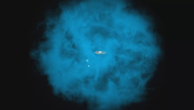 An artist's depiction of the halo of hot hydrogen gas surrounding the Milky Way galaxy (center) and two satellite galaxies, the Large and Small Magellanic Clouds. The halo is more extended that astronomers originally thought, and contains enough hydrogen gas to resolve the problem of the universe's missing baryonic mass. NASA/CXC/M.Weiss; NASA/CXC/Ohio State/A Gupta et al