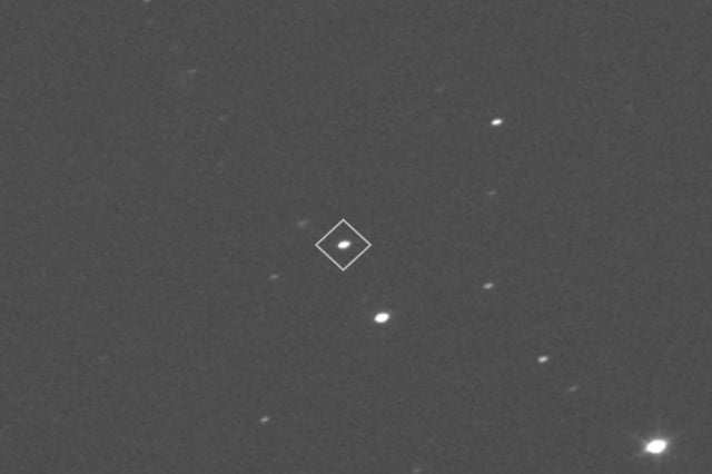 NASA’s Lucy spacecraft’s first views of the asteroid Donaldjohanson. The asteroid is outlined with a square in the right image to guide the eye.