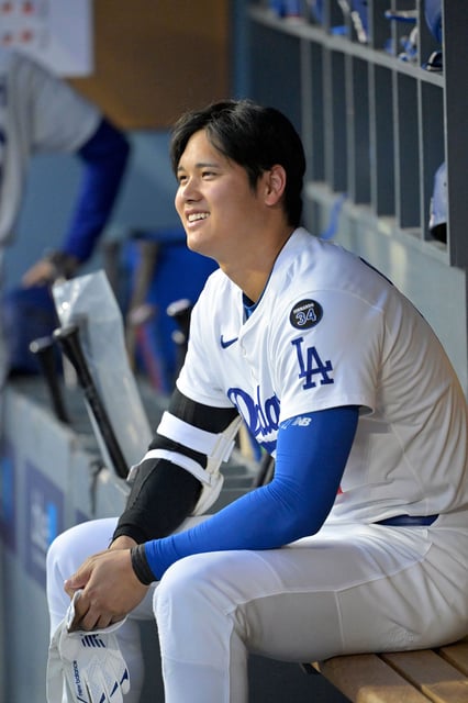 Los Angeles Dodgers star Shohei Ohtani pictured in the dugout, during a game against the Colorado Rockies earlier this week.