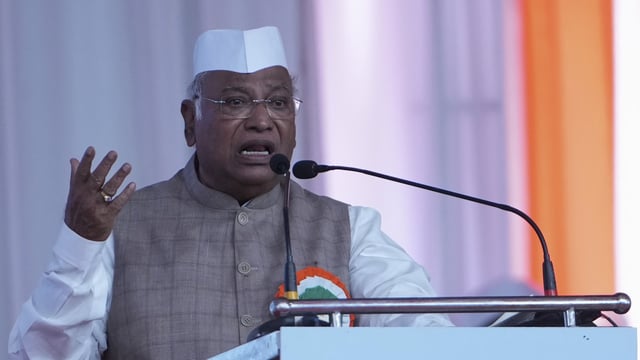Congress Party President Mallikarjun Kharge speaks during All India Congress Committee's national convention in Ahmedabad.