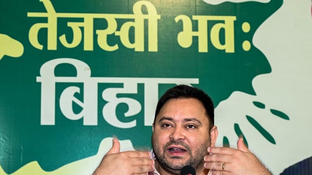 Rashtriya Janata Dal (RJD) leader Tejashwi Yadav addresses a press conference ahead of the Bihar Assembly Elections, at the party office in Patna on Saturday.