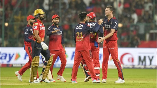 RCB's Josh Hazelwood celebrates the wicket of PBKS' Shreyas Iyer in Bengaluru on Friday. (PTI)