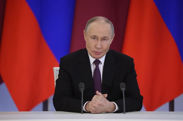 Russian President Vladimir Putin looks on during Russian-Qatari talks at the Grand Kremlin Palace, April 17, 2025 in Moscow, Russia. Qatar's Emir met with Putin for talks on Ukraine and energy.