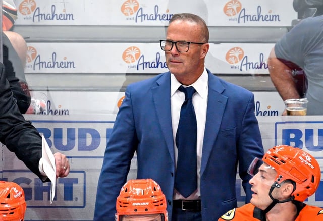 Ducks coach Greg Cronin looks on from the bench during their preseason game against the Kings on Sept. 30, 2024, at Honda Center. (Photo by Leonard Ortiz, Orange County Register/SCNG)