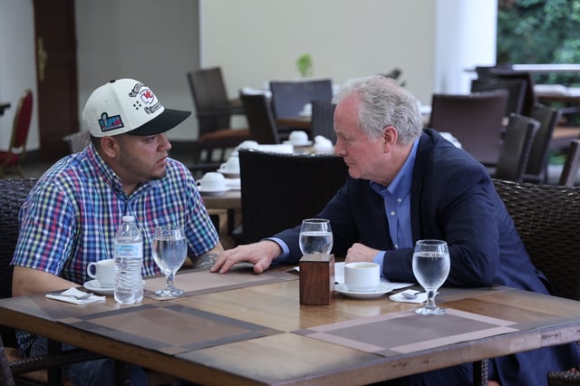 In this handout provided by Sen. Van Hollen&#39;s Office, U.S. Sen. Chris Van Hollen (D-MD) meets with Kilmar Armando Abrego Garcia (L) at an undisclosed location on April 17, 2025 in San Salvador, El Salvador.