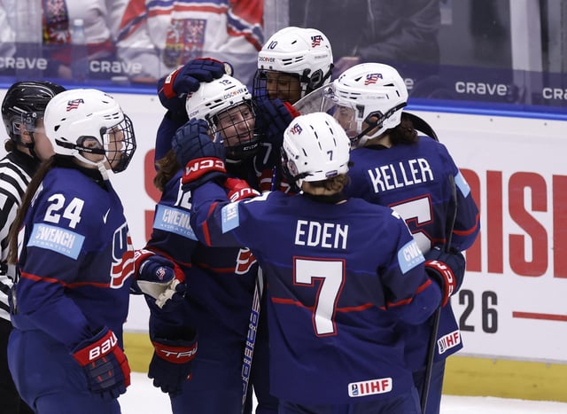 Ice Hockey - IIHF Women's World Championships - Semi Final - United States v Czech Republic - Budvar Arena, Ceske Budejovice, Czech Republic - April 19, 2025 Kelly Pannek of the U.S. celebrates scoring their second goal with teammates REUTERS/David W Cerny