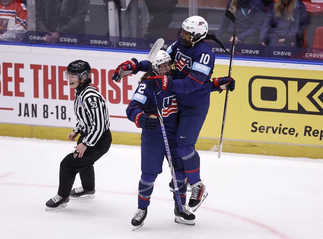 Ice Hockey - IIHF Women's World Championships - Semi Final - United States v Czech Republic - Budvar Arena, Ceske Budejovice, Czech Republic - April 19, 2025 Kelly Pannek of the U.S. celebrates scoring their second goal with Laila Edwards REUTERS/David W Cerny