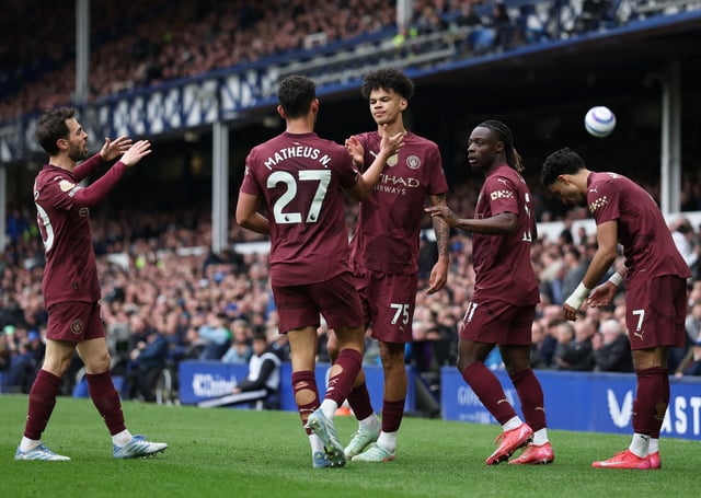 Soccer Football - Premier League - Everton v Manchester City - Goodison Park, Liverpool, Britain - April 19, 2025 Manchester City's Nico O'Reilly celebrates scoring their first goal with Bernardo Silva, Matheus Nunes, Jeremy Doku and Omar Marmoush REUTERS/Phil Noble EDITORIAL USE ONLY. NO USE WITH UNAUTHORIZED AUDIO, VIDEO, DATA, FIXTURE LISTS, CLUB/LEAGUE LOGOS OR 'LIVE' SERVICES. ONLINE IN-MATCH USE LIMITED TO 120 IMAGES, NO VIDEO EMULATION. NO USE IN BETTING, GAMES OR SINGLE CLUB/LEAGUE/PLAYER PUBLICATIONS. PLEASE CONTACT YOUR ACCOUNT REPRESENTATIVE FOR FURTHER DETAILS..