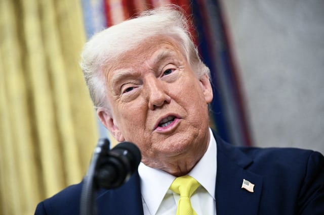 President Donald Trump speaks during a swearing-In Ceremony for the Administrator of the Centers for Medicare and Medicaid Services, Mehmet Oz at the Oval Office of the White House in Washington, DC on April 18, 2025.