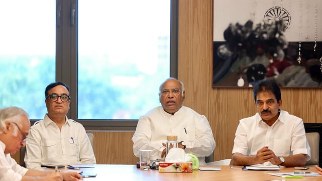 Congress President Mallikarjun Kharge with Party General Secretary (Organisation) KC Venugopal and MP Ajay Maken during a meeting of the party General Secretaries, in-charges and heads of various departments, at Indira Bhawan in New Delhi on Saturday.
