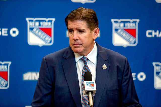 Mar 22, 2025; New York, New York, USA; New York Rangers head coach Peter Laviolette speaks with the media after a 5-3 win against the Vancouver Canucks at Madison Square Garden. Mandatory Credit: Danny Wild-Imagn Images/File Photo