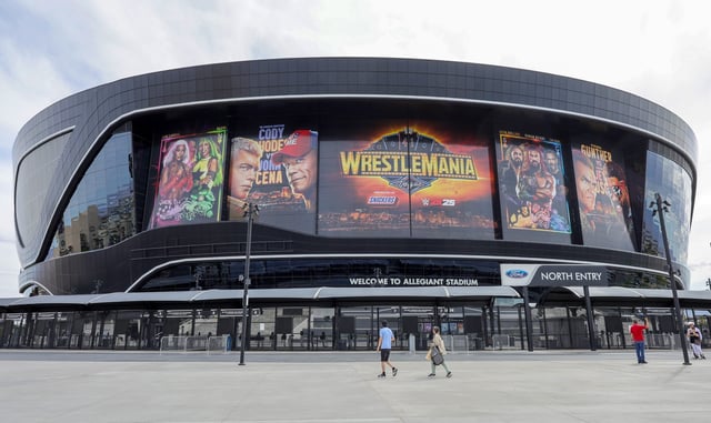 Building wraps for WrestleMania 41 are shown on the exterior of Allegiant Stadium on April 16, 2025 in Las Vegas, Nevada. The WWE&#39;s flagship event will be held at the venue on April 19th and 20th.