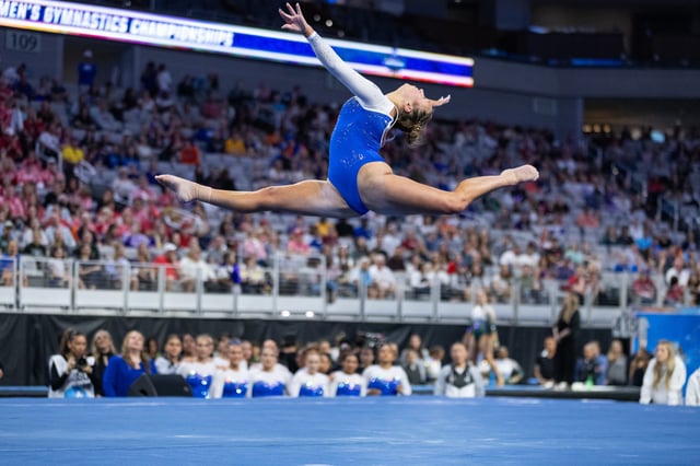 Katelyn Rosen of the UCLA Bruins performs her floor routine during the NCAA Gymnastics Semi-Final at Dickies Arena on April 17, 2025 in Fort Worth, Texas.