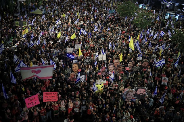 People take part in a protest in Tel Aviv against the Israeli government and Netanyahu, as they call for the release of the hostages on March 29, 2025