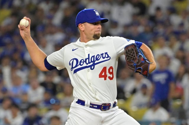 Dodgers relief pitcher Blake Treinen delivers to the plate against the Chicago Cubs on April 11, 2025, at Dodger Stadium. (AP Photo/Jayne Kamin-Oncea)