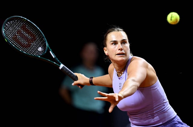Tennis - WTA 500 - Stuttgart Tennis Grand Prix - Porsche Arena, Stuttgart, Germany - April 19, 2025 Belarus' Aryna Sabalenka in action during her quarter final match against Belgium's Elise Mertens REUTERS/Angelika Warmuth