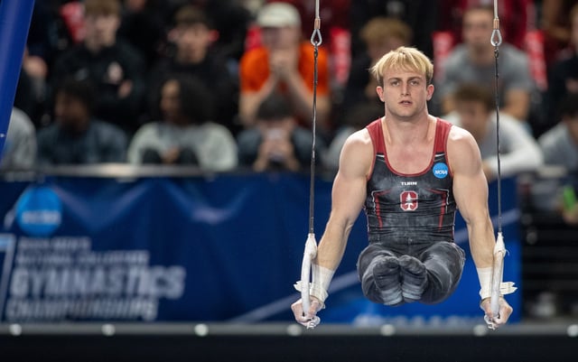 Colt Walker of the Stanford Men&#39;s Gymnastics Team in the NCAA Championships at the Covelli Center on April 20, 2024 in Columbus, OH.