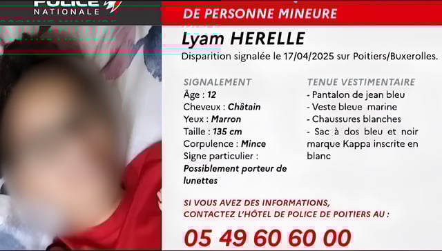La disparition de Lyam Herelle, 12 ans, a été signalée jeudi dans la région de Poitiers.