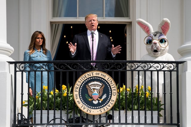 President Donald Trump speaks from the Truman Balcony during the Easter Egg Roll on the South Lawn of the White House on April 22, 2019.
