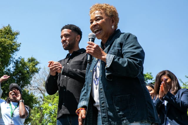Former Rep. Barbara Lee makes her first public appearance as Oakland’s mayor-elect alongside interim Mayor Kevin Jenkins, center, and at-large Council Member Rowena Brown, right, at the Arroyo Viejo Recreation Center on Saturday.