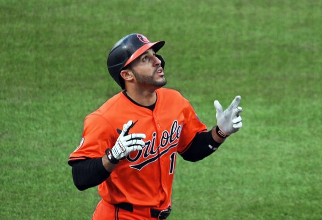 April 19, 2025: Orioles’ Ramón Laureano. looks skyward after his second homer of the game against the Reds in the seventh third inning at Camden Yards. (Kenneth K. Lam/Staff)
