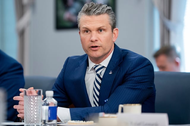Defense Secretary Pete Hegseth speaks during a meeting with El Salvador's Minister of National Defense Rene Merino Monroy at the Pentagon, Wednesday, April 16, 2025, in Washington. (AP Photo/Nathan Howard)