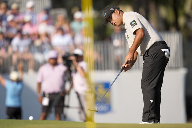 Apr 19, 2025; Hilton Head, South Carolina, USA; Si Woo Kim putts on 17 green during the third round of the RBC Heritage golf tournament. Mandatory Credit: Jim Dedmon-Imagn Images