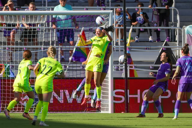 Apr 19, 2025; Orlando, Florida, USA; Washington Spirit forward Ashley Hatch (33) heads the ball during the first half against the Washington Spirit at Inter&Co Stadium. Mandatory Credit: Mike Watters-Imagn Images