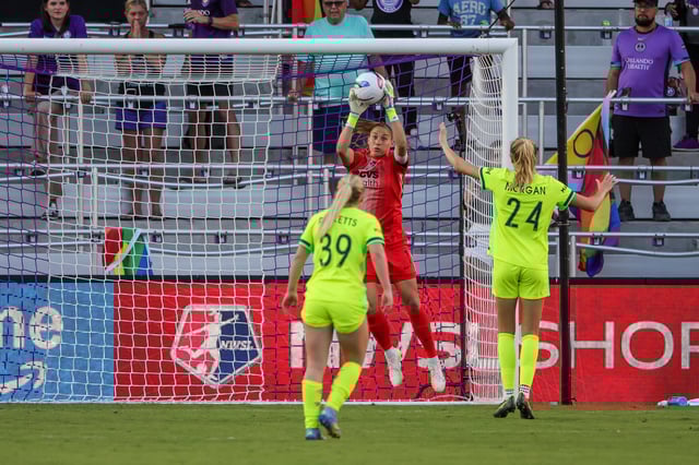 Apr 19, 2025; Orlando, Florida, USA; Washington Spirit goalkeeper Aubrey Kingsbury (1) makes a save during the second half against the Orlando Pride at Inter&Co Stadium. Mandatory Credit: Mike Watters-Imagn Images