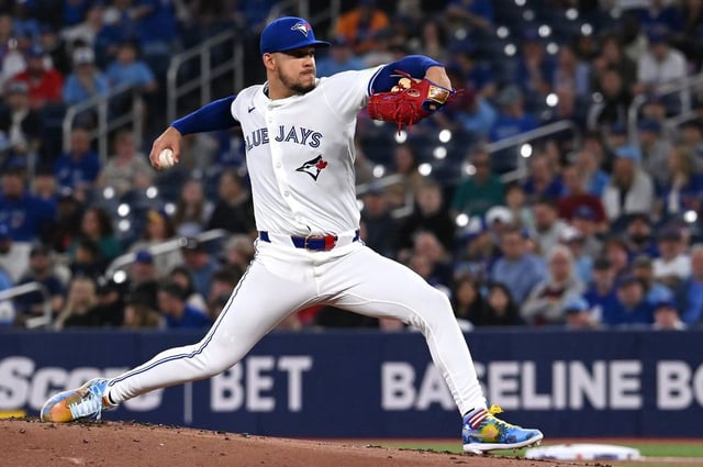 Toronto Blue Jays starting pitcher Jose Berrios (17) throws to a Seattle Mariners batter in first inning American League baseball action in Toronto on Saturday, April 19, 2025. THE CANADIAN PRESS/Jon Blacker