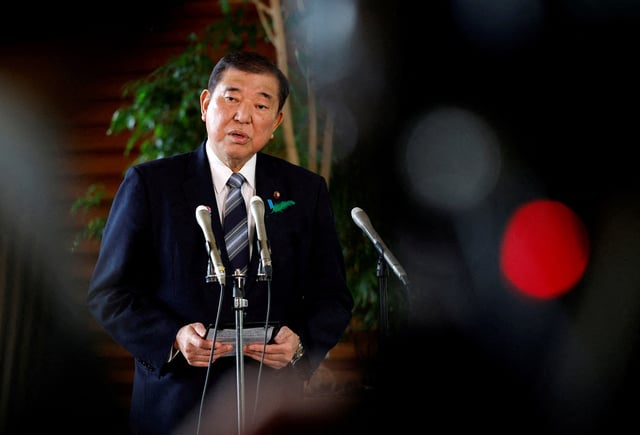 Japanese Prime Minister Shigeru Ishiba reacts as he speaks to reporters after a Japanese negotiator held ministerial talks at the White House regarding US tariffs, at the prime minister’s official residence in Tokyo, Japan, 17 April 2025. FRANCK ROBICHON/Pool via REUTERS/File Photo