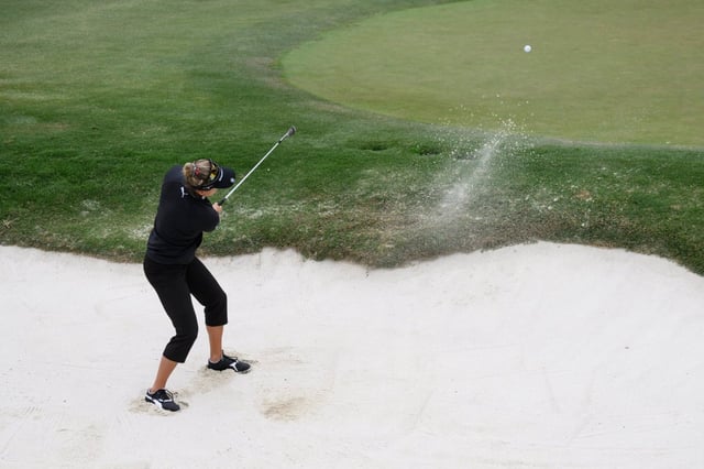 Lexi Thompson hits to the 14th green during the first round of the LPGA’s JM Eagle LA Championship golf tournament at El Caballero Country Club, Thursday, April 17, 2025, in Los Angeles. (AP Photo/William Liang)