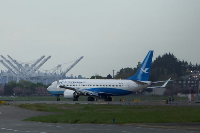 A Boeing 737 MAX plane, intended for China's Xiamen Airlines, arrives at King County International Airport after returning from China due to ongoing tariff disputes, in Seattle, Washington, U.S. April 19, 2025. REUTERS/Dan Catchpole