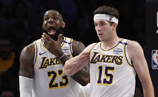 The Lakers’ LeBron James, left, grimaces next to teammate Austin Reaves during the second half of Game 1 of their first-round playoff series against the Minnesota Timberwolves on Saturday, April 19, 2025, at Crypto.com Arena. (Photo by Keith Birmingham, Orange County Register/SCNG)