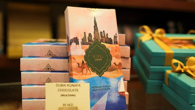 A Dubai Chocolate product is displayed at Vivel, a desserts shop and cafe, in Dubai, United Arab Emirates.